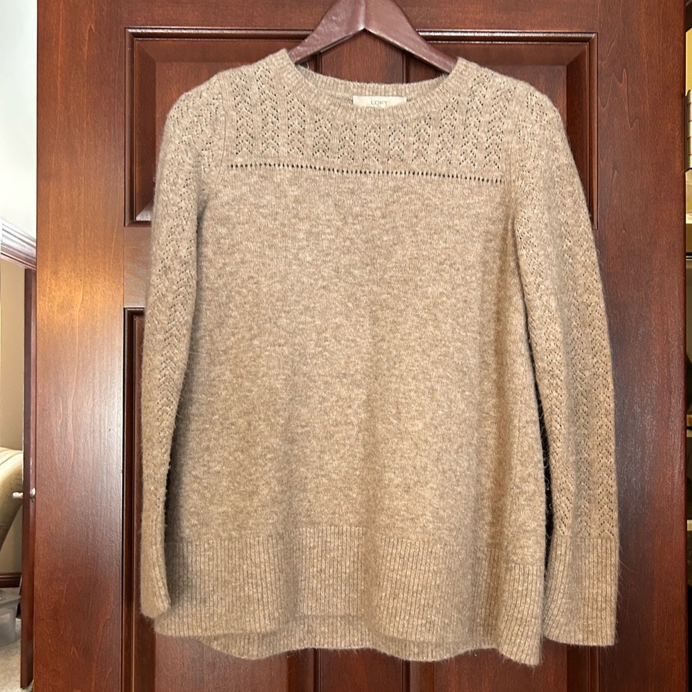 LOFT Oatmeal Knit Sweater Open Stitch Yoke Crewneck Size Small